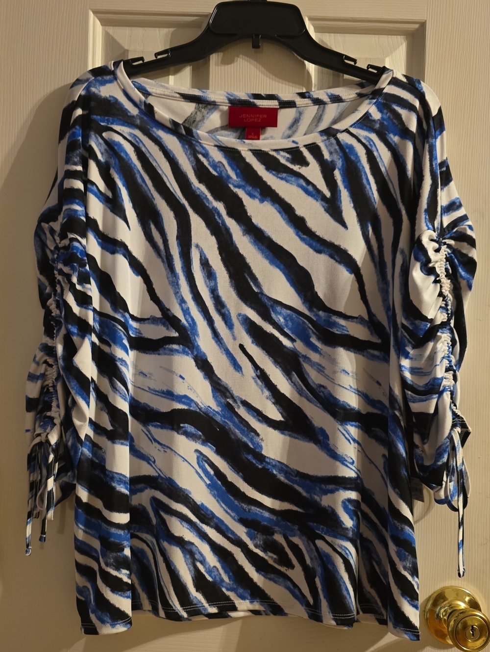 Jennifer Lopez Blue Black & White Zebra-Print Ruched-Sleeve Top
